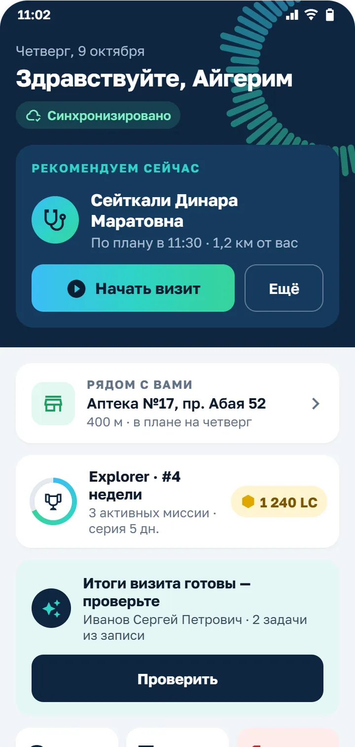 Главный экран приложения: рекомендуемый визит, план на день, итоги визита